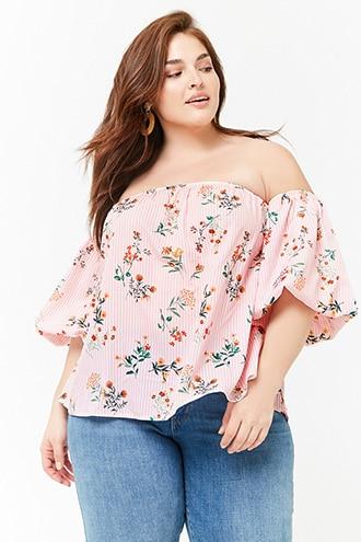 Forever21 Plus Size Striped Floral Off-the-shoulder Crop Top