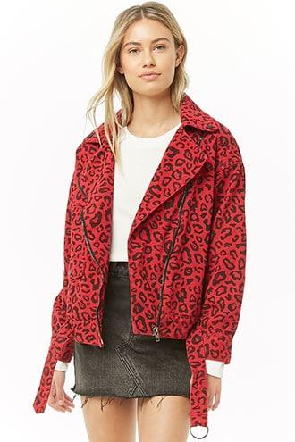Forever21 Leopard Print Denim Moto Jacket