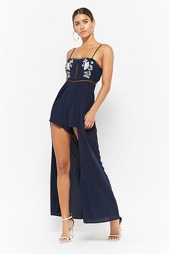 Forever21 Embroidered Floral Geo Cutout Jumpsuit