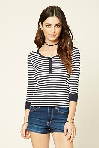 Forever21 Women's  Cream & Navy Striped Knit Tee