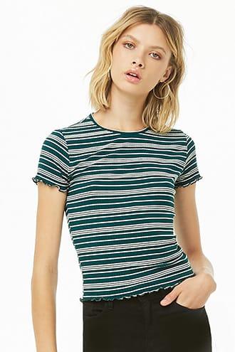 Forever21 Ribbed Striped Lettuce-edge Top