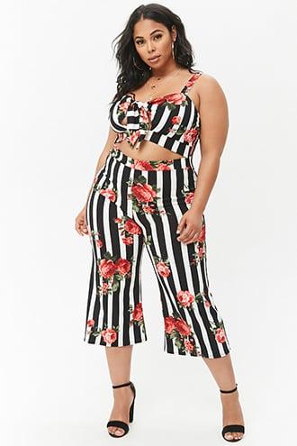 Forever21 Plus Size Striped Floral Wide-leg Jumpsuit