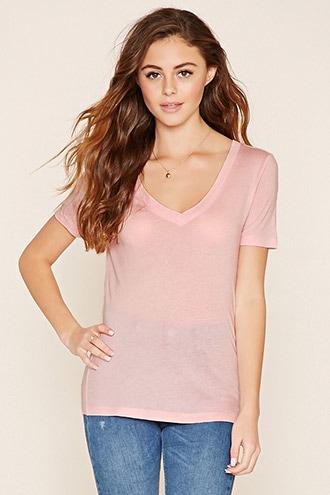 Forever21 Women's  Light Pink Cotton-blend V-neck Tee