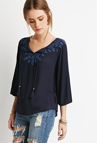Forever21 Women's  Floral-embroidered Peasant Top