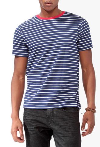 21 Men Contrast Trim Striped Tee