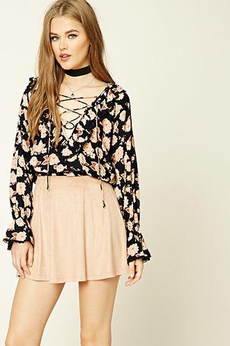 Forever21 Women's Floral Lace-up Flounce Top