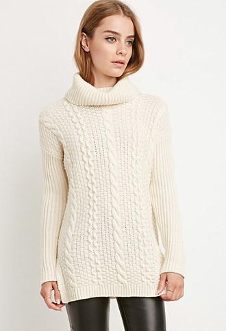 Forever21 Women's  Longline Turtleneck Sweater (cream)