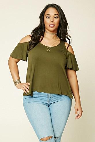Forever21 Plus Women's  Dark Olive Plus Size Open-shoulder Top