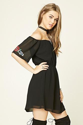 Forever21 Women's  Black & Red Off-the-shoulder Floral Dress