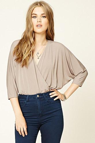 Forever21 Women's  Taupe Dolman Surplice Bodysuit