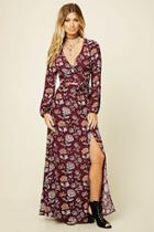 Forever21 Women's  Burgundy & Mustard High-slit Floral Maxi Skirt