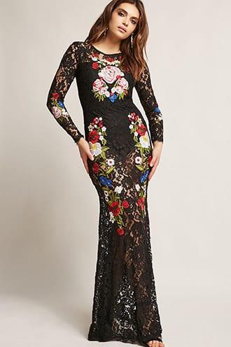 Forever21 Sheer Lace Floral Embroidered Maxi Dress