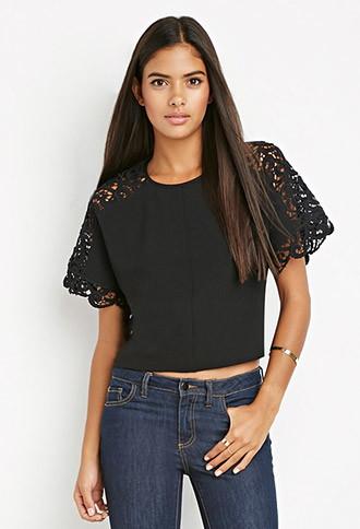 Love21 Women's  Crochet-paneled Textured Raglan Top