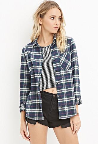 Forever21 Women's  Tartan Plaid Flannel Shirt (navy/cream)