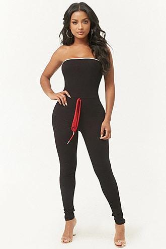 Forever21 Strapless Striped-trim Ribbed Jumpsuit