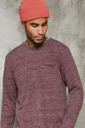 21 Men Men's  Burgundy Long-sleeve Raw Pocket Tee