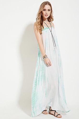 Forever21 Women's Green & White Boho Me Tie Dye Maxi Dress