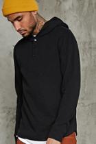 21 Men Men's  Black Hooded Slub Knit Henley