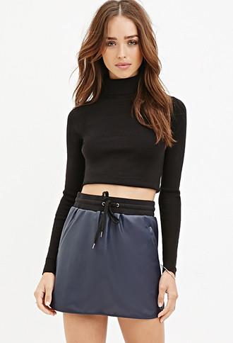 Forever21 Women's Faux Leather Drawstring Skirt (navy/black)