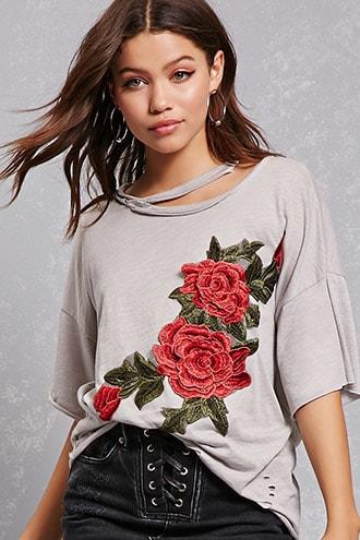 Forever21 Distressed Embroidered Tee