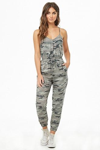 Forever21 Camo Print Cutout-back Jumpsuit