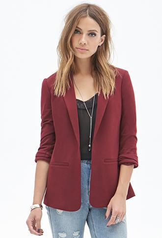 Forever21 Cuffed Knit Blazer Burgundy Small
