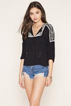 Forever21 Women's  Black & Cream Floral-embroidered Peasant Top