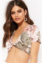 Forever21 Floral Slub Knit Twist-front Crop Top