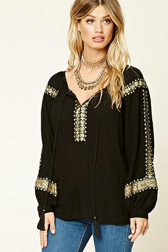 Forever21 Women's  Ornate Glitter Knit Peasant Top