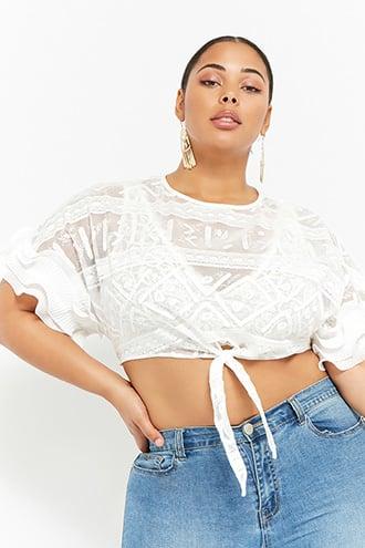 Forever21 Plus Size Sheer Embroidered Tie-front Top