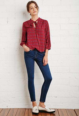Forever21 Ornate Floral Tie-neck Blouse