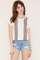 Forever21 Women's  Cream & Red Embroidered Top
