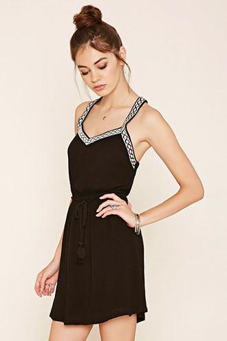 Forever21 Women's  Black & Cream Geo-embroidered Peasant Dress