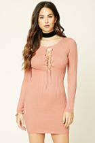 Forever21 Women's  Mauve Plunging Lace-up Bodycon Dress