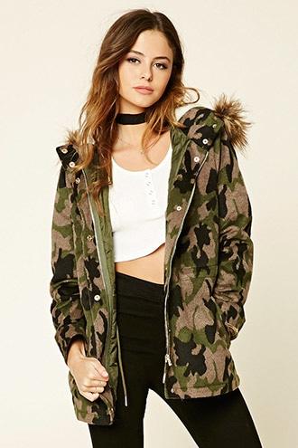 Forever21 Women's  Camo Print Drawstring Parka