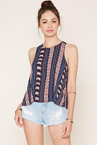 Forever21 Women's  Blue & Brick Geo Print Top
