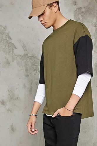 21 Men Men's  Boxy Contrast-sleeve Pullover