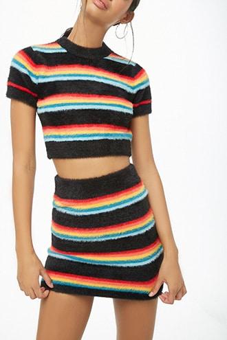 Forever21 Rainbow Striped Faux Fur Skirt
