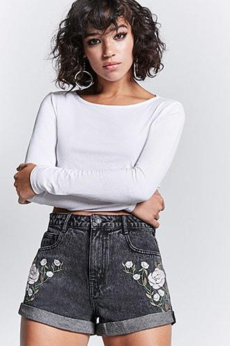 Forever21 Floral Embroidered Cuff Shorts