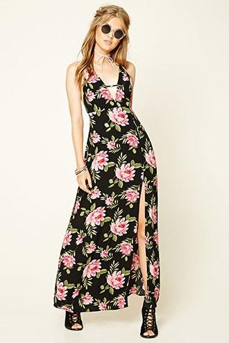 Forever21 Women's Black & Pink Strappy Floral Maxi Dress