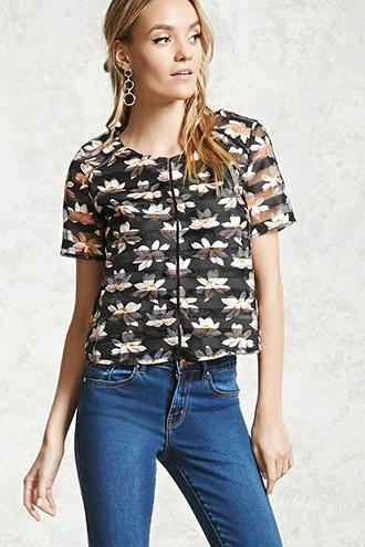 Forever21 Floral Shadow-stripe Mesh Top