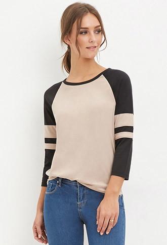 Forever21 Women's  Varsity-striped Baseball Tee (taupe/black)