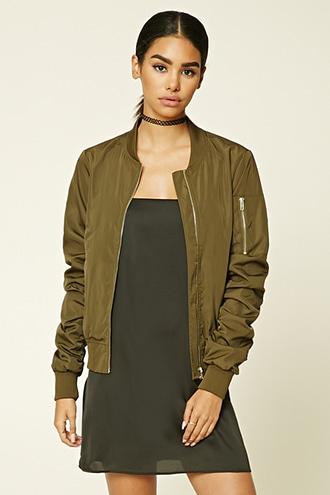 Forever21 Women's  Olive Ruched Bomber Jacket