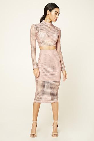 Forever21 Women's  Open-mesh Layered Midi Skirt