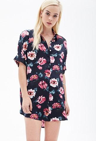 Forever21 Floral Print Satin Shirtdress