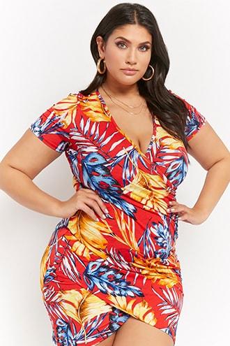 Forever21 Plus Size Tropical Leaf Print Ruched Dress
