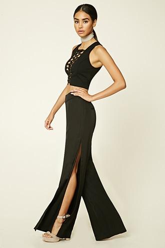 Forever21 Women's  Woven Flared Side-slit Pants