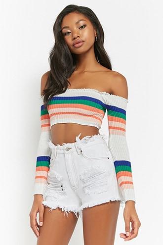 Forever21 Striped Off-the-shoulder Sweater Crop Top