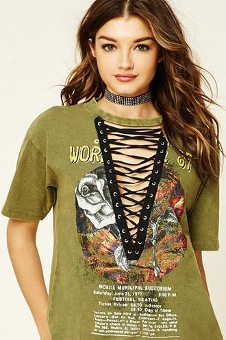 Forever21 Women's Olive & Black Lace-up Tour Tee