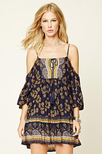 Forever21 Women's Ornate Floral Open-shoulder Dress